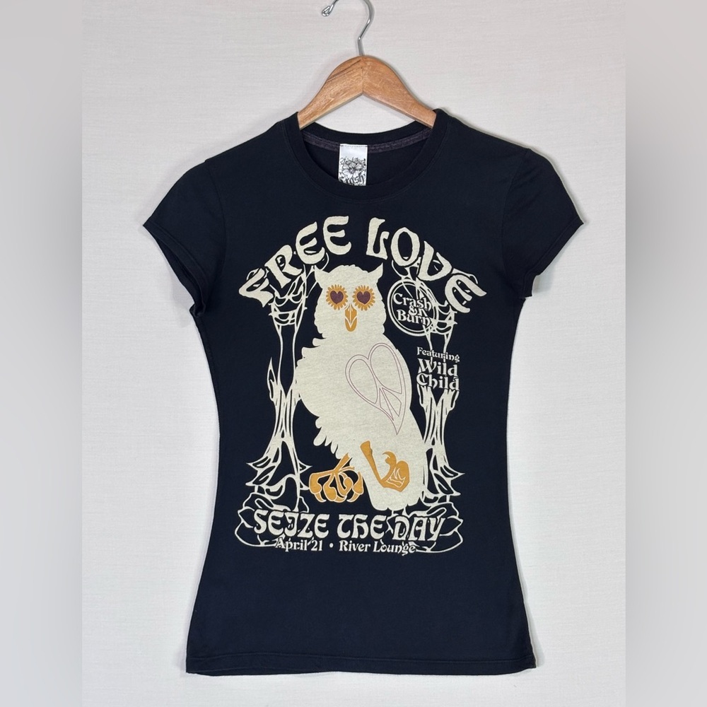 Gypsy & Run Free Love Owl Graphic Tee Fitted Rock Boho Festival Top S